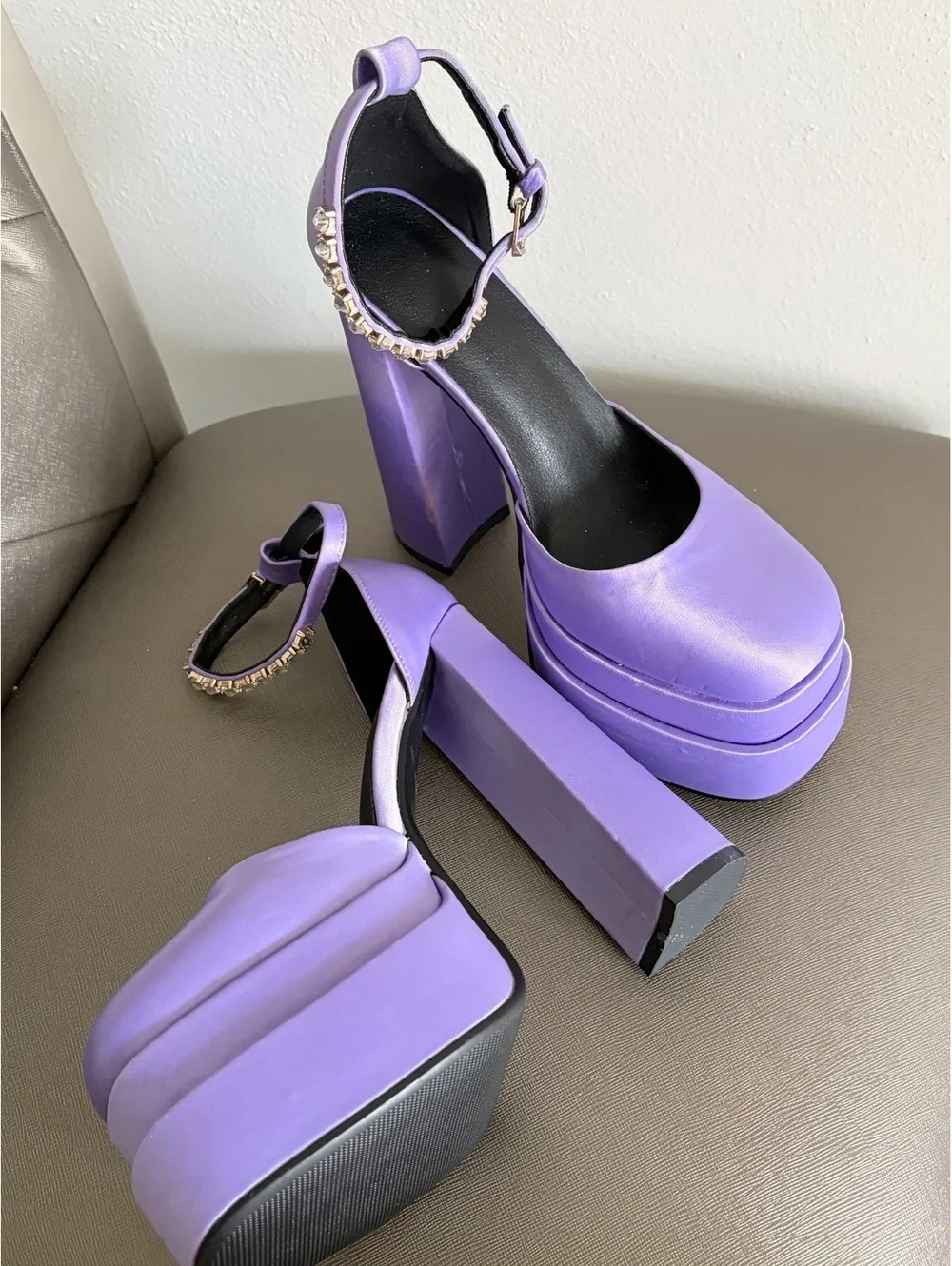 Y2K Purple Satin Platform Heels Size 8 Rhinestone Chunky High Heels